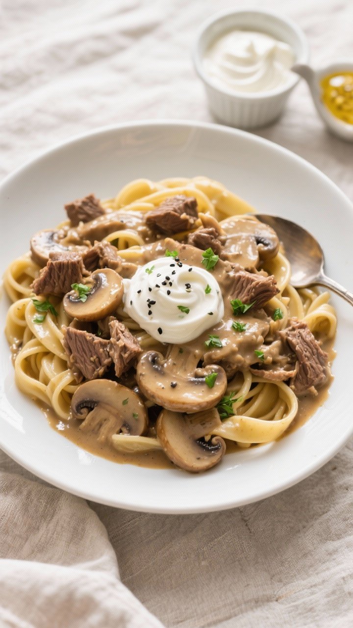 Overhead shot of finished Dump and Go Beef Stroganoff over glossy, buttered egg noodles, generously 