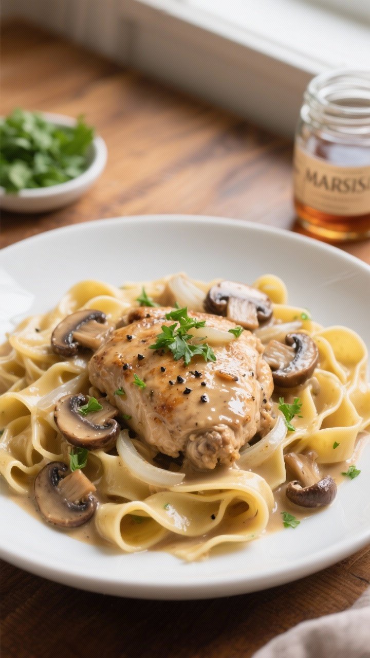 Overhead shot of finished Dump and Go Creamy Chicken Marsala served over wide pappardelle. Tender, c