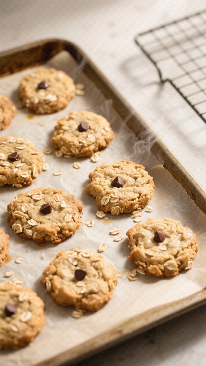 Overhead shot of freshly baked 3-ingredient banana oat cookies on a parchment-lined baking sheet jus