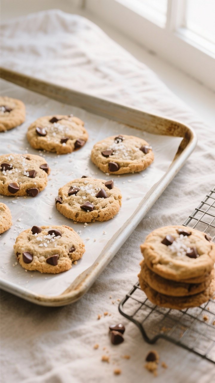 Overhead shot of freshly baked almond flour chocolate chip cookies cooling on a parchment-lined shee