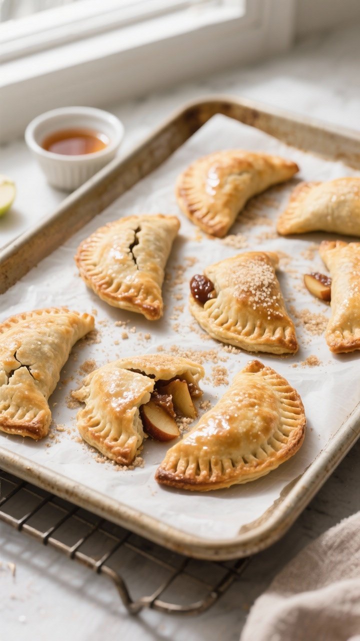 Overhead shot of freshly baked gluten-free apple hand pies on a parchment-lined sheet pan, golden an