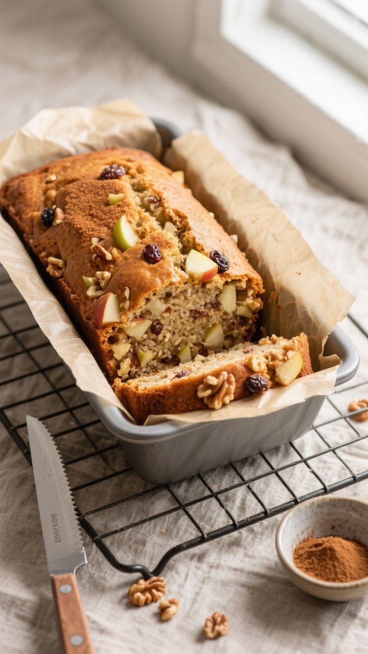 Overhead shot of freshly baked Healthy Apple Bread just lifted from a parchment-lined 9x5-inch loaf 