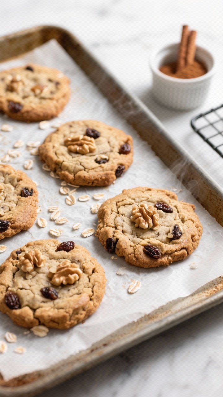 Overhead shot of freshly baked healthy oatmeal raisin cookies cooling on a parchment-lined sheet pan