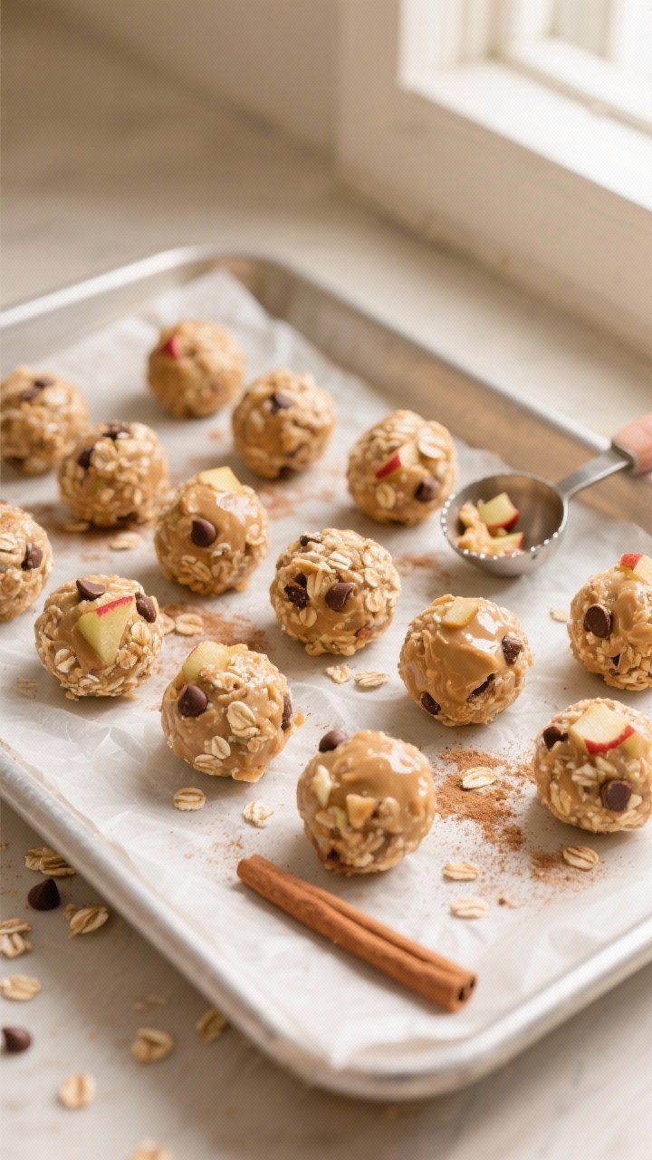 Overhead shot of freshly rolled Apple Cinnamon Protein Balls set on a parchment-lined tray after a b