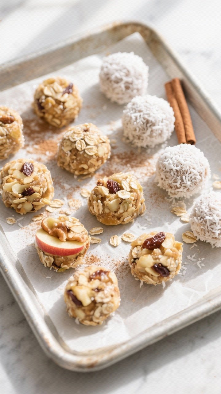 Overhead shot of freshly rolled Apple Walnut Snack Bites arranged on a parchment-lined tray after ch