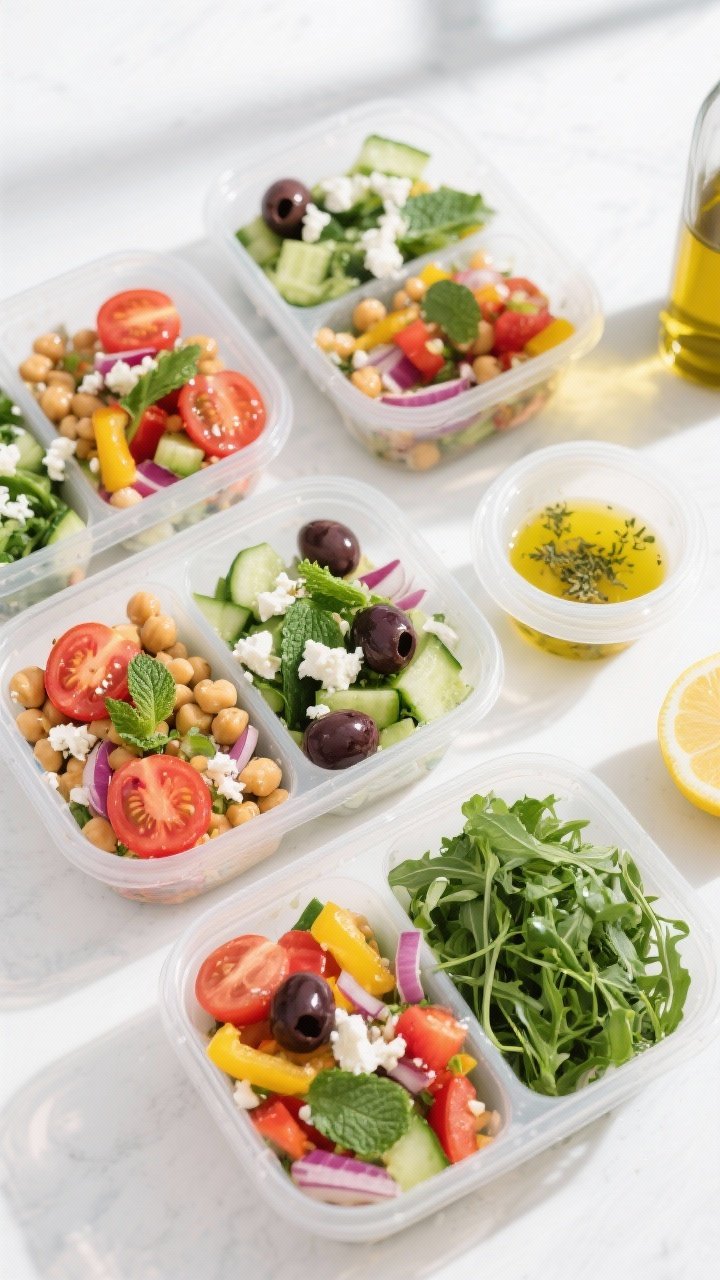 Overhead shot of Mediterranean Chickpea Salad meal-prep boxes, four clear containers neatly filled w