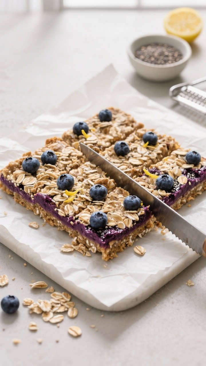 Overhead shot of no-bake blueberry oat bars freshly set and being sliced on a parchment-lined 8-inch