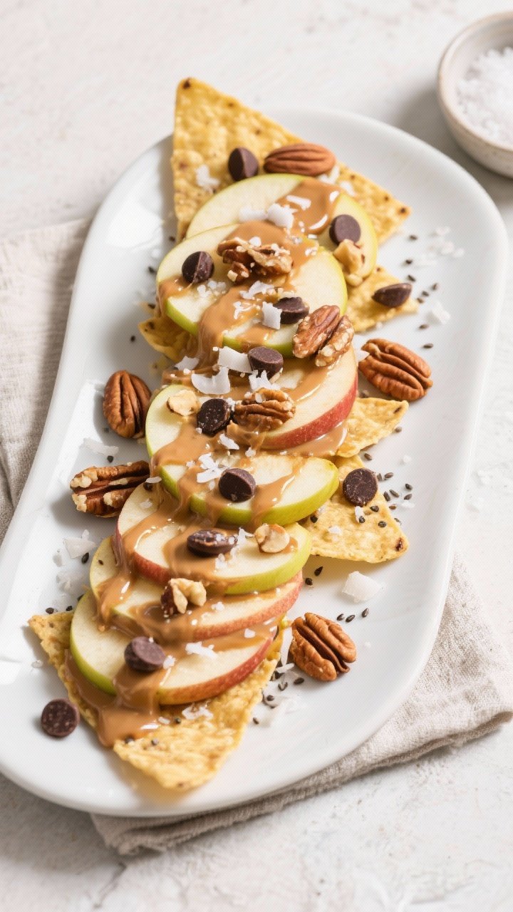 Overhead shot of prepared Healthy Apple Nachos arranged like nachos on a matte white platter: thin a