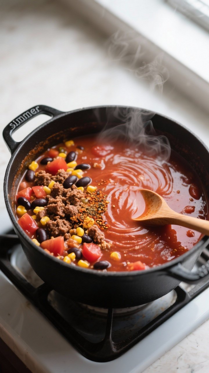 Overhead shot of simmering taco soup in a matte black Dutch oven during the “simmer” step, showi