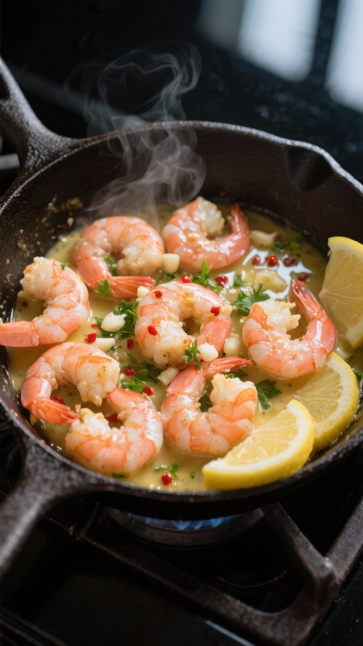 Overhead shot of sizzling garlic butter shrimp scampi finishing in a cast-iron skillet on the stovet