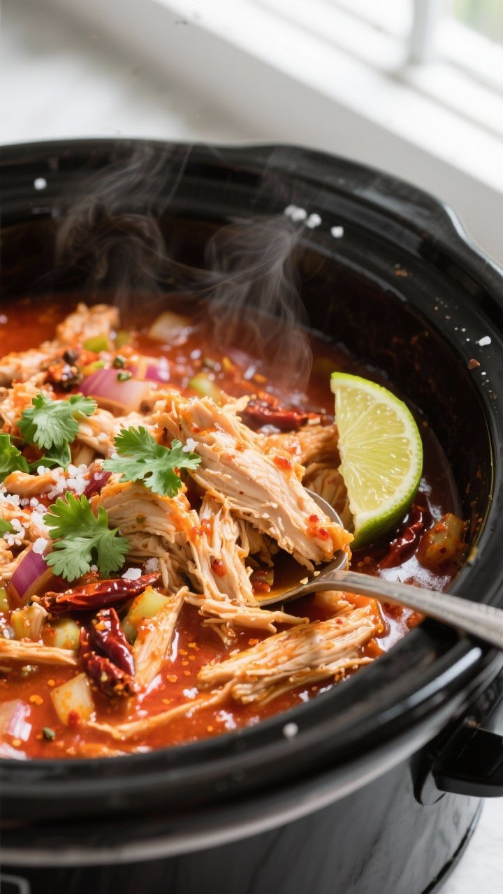 Overhead shot of Slow Cooker Chipotle Lime Chicken just after shredding and being stirred back into 