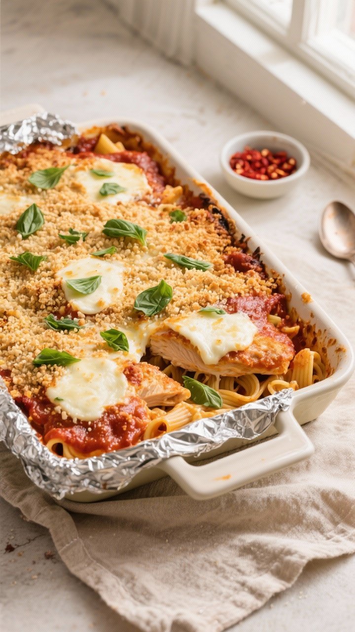 Overhead shot of the baked Chicken Parmesan Casserole just out of the oven, foil removed, showing bu