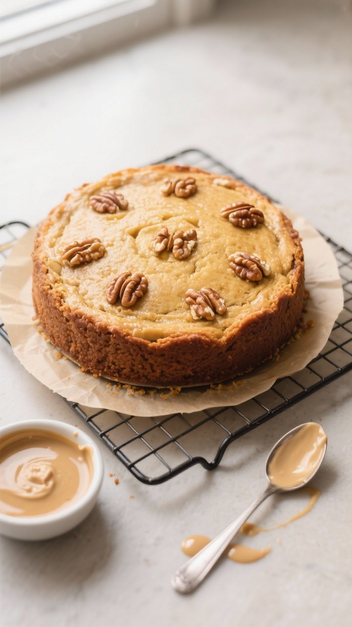 Overhead shot of the baked vegan apple cake just out of the pan and cooling on a wire rack, golden t