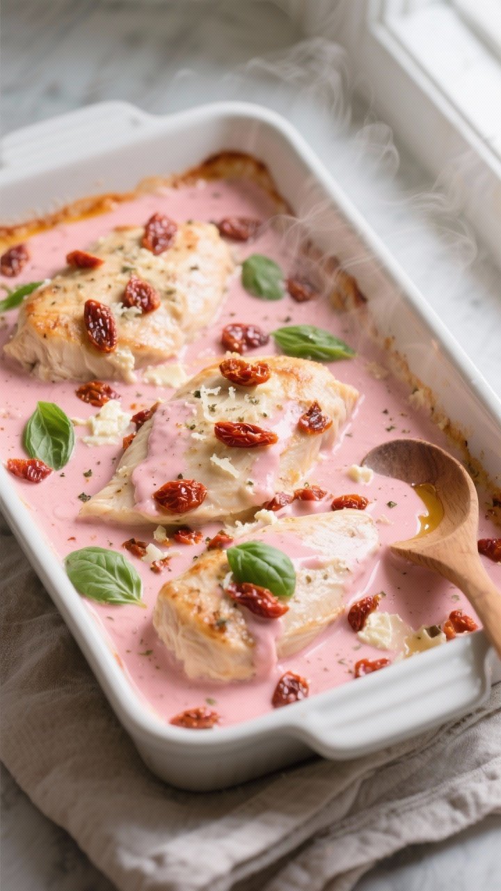 Overhead shot of the creamy sun-dried tomato chicken fresh from the oven in a 9x13 baking dish, sauc