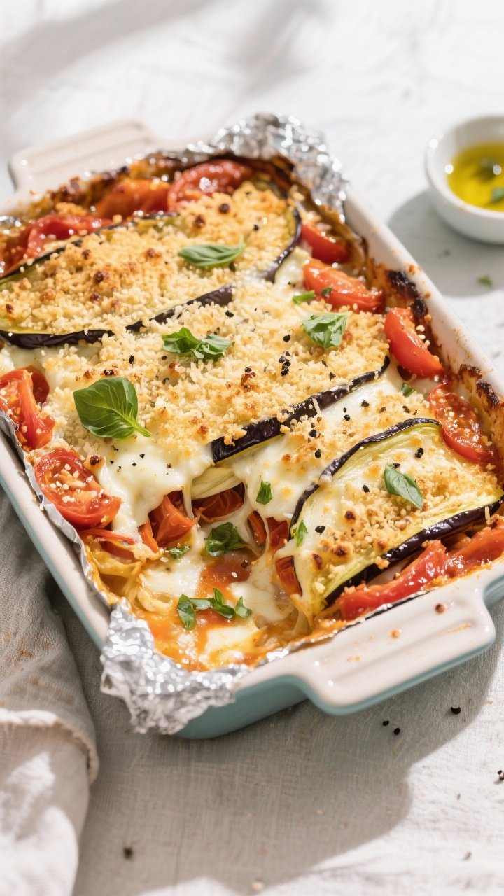 Overhead shot of the Eggplant & Tomato Bake just out of the oven, foil removed, showing golden, cris