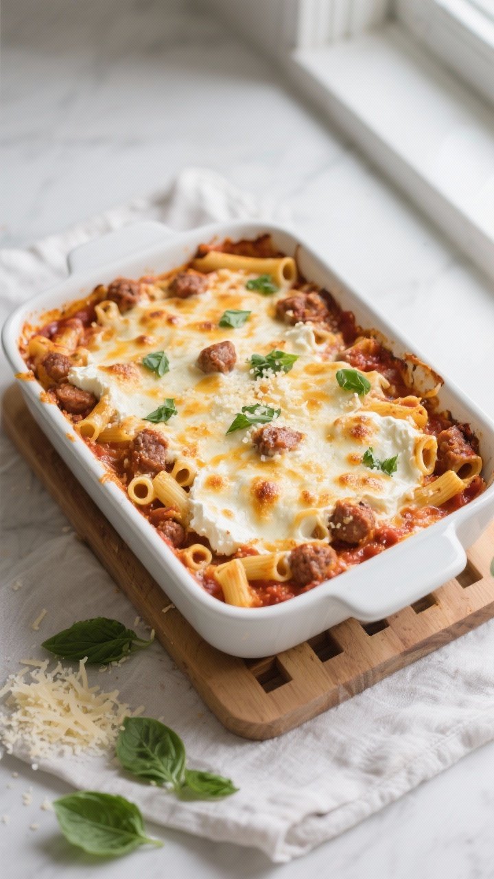 Overhead shot of the just-uncovered creamy baked ziti with Italian sausage in a 9x13 white ceramic b