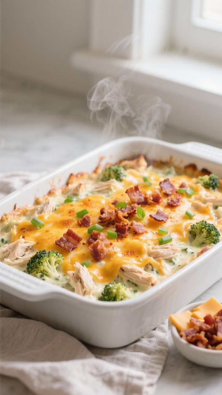 Overhead shot of the Low Carb Crack Chicken Casserole just out of the oven in a 9x13 white ceramic b