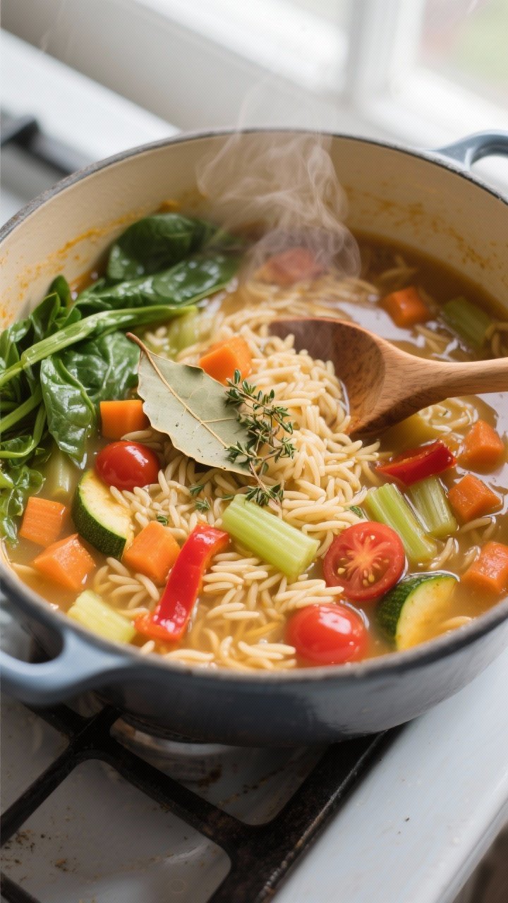 Overhead shot of Vegetable Orzo Soup mid-simmer in a Dutch oven: glossy orzo swirling in golden vege