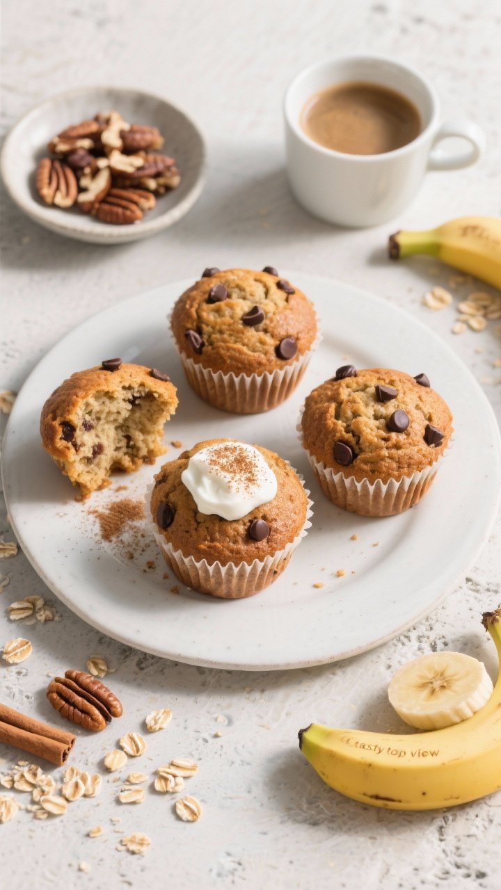 Overhead “tasty top view” of a breakfast spread featuring the finished banana muffins on a matte