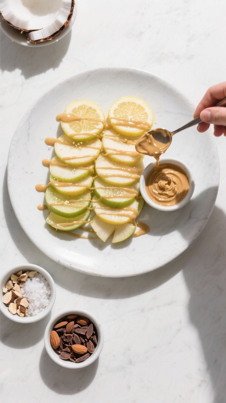 Overhead “tasty top view” process shot showing the drizzle step: a wide plate neatly layered wit