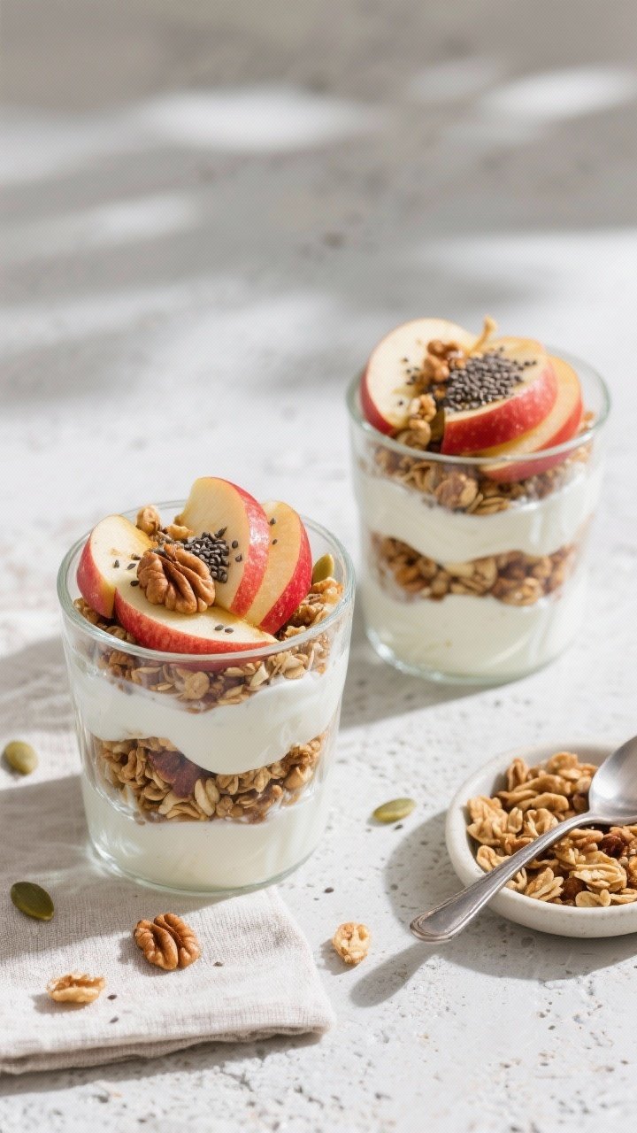 Tasty top-down final dish: Overhead shot of two assembled Vegan Apple Breakfast Parfaits in clear gl