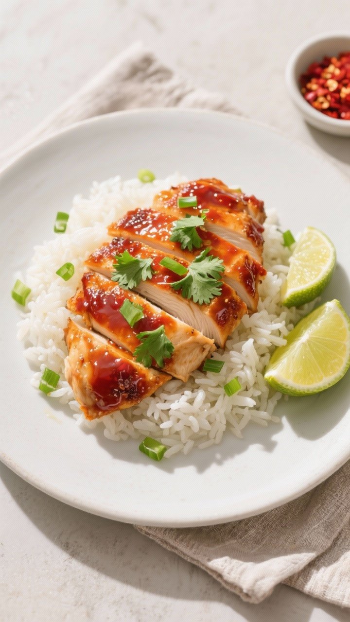 Tasty top-down final plate: Overhead shot of Sweet Chili Lime Chicken cutlets sliced on a matte whit