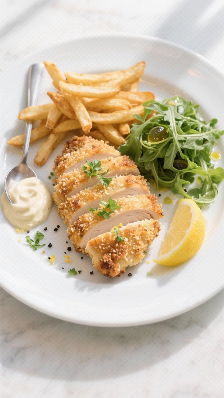 Tasty top view: Beautifully plated Parmesan crusted chicken sliced to show juicy interior, arranged 