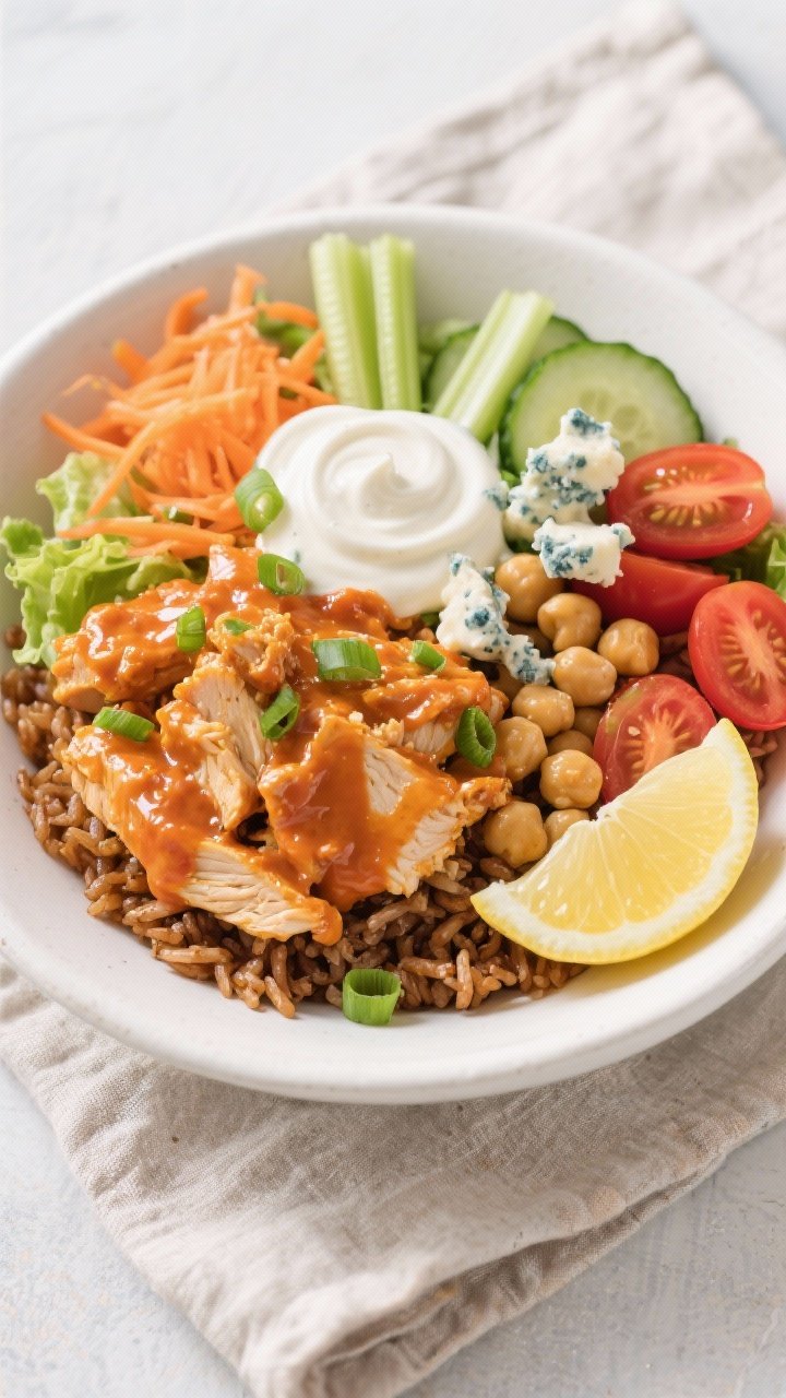 Tasty top view final bowl: Overhead shot of a Buffalo Chicken Protein Bowl neatly composed—base of