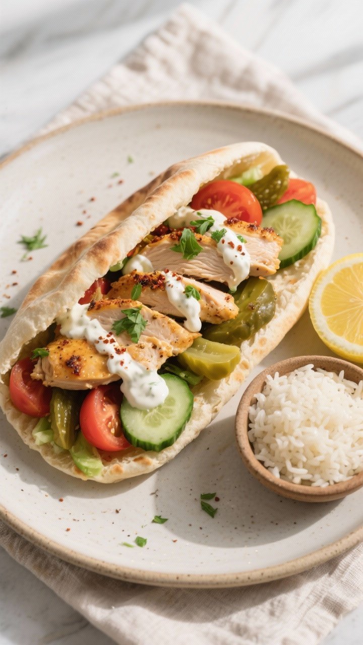 Tasty top view final dish: Overhead shot of a warm pita stuffed with sliced chicken shawarma, juicy 