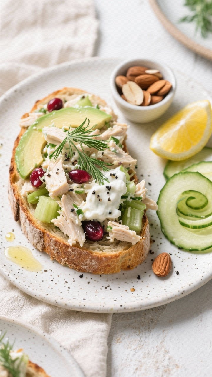 Tasty top view final dish: Overhead shot of Greek Yogurt Chicken Salad piled high on toasted sourdou