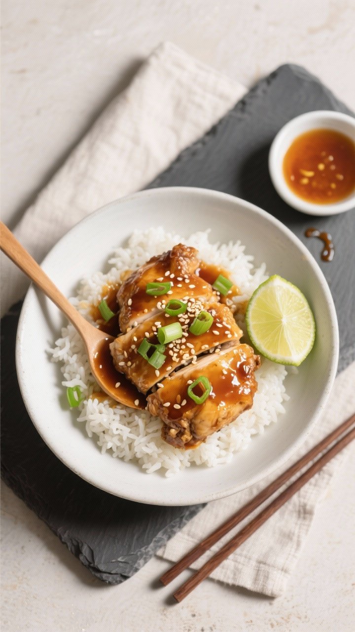 Tasty top view final dish: Overhead shot of Honey Garlic Chicken served over fluffy steamed jasmine 