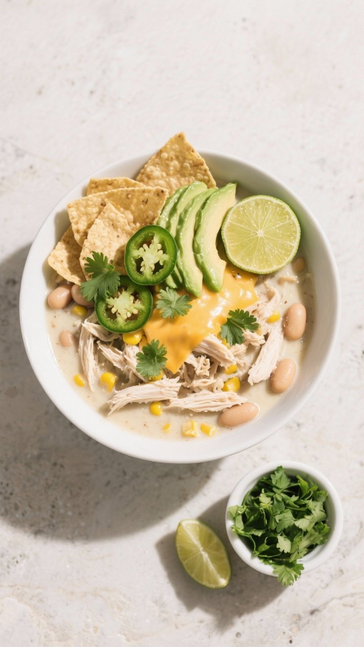Tasty top view, final dish presentation: Overhead shot of a hearty bowl of White Chicken Chili, crea