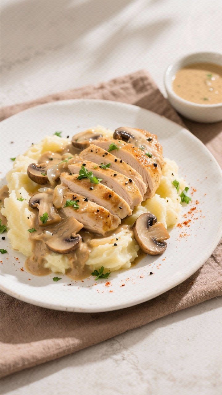 Tasty top view, final plated dish: Overhead shot of creamy mushroom chicken sliced and fanned over b