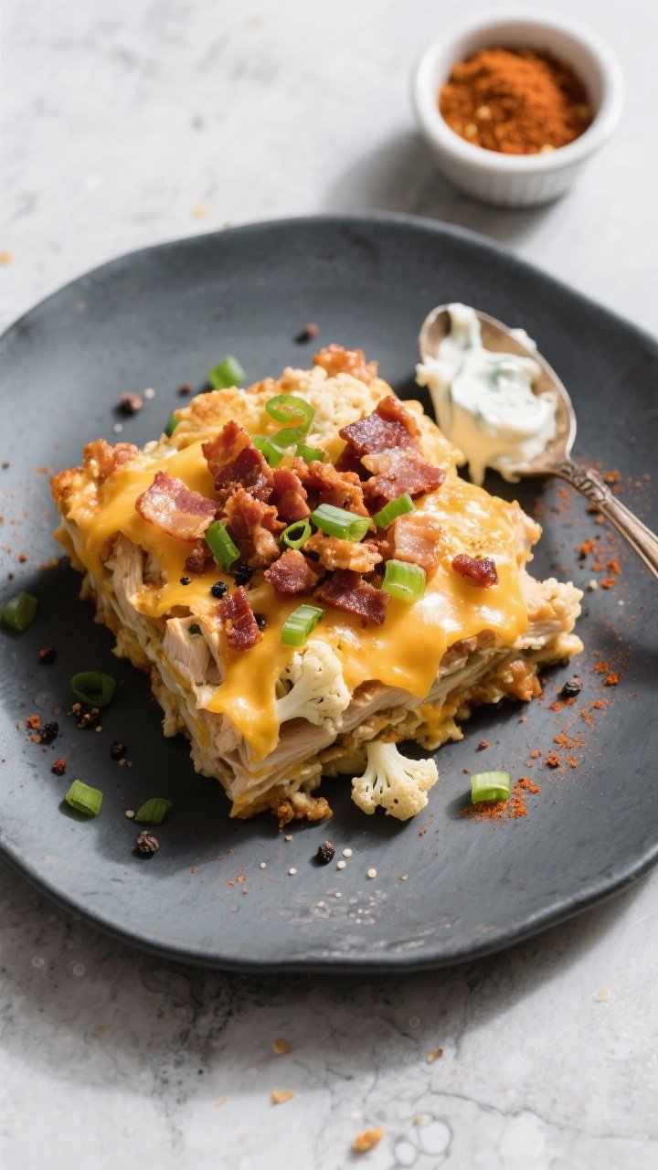 Tasty top view, final plated: Overhead shot of a plated serving of the Low Carb Loaded Chicken Casse