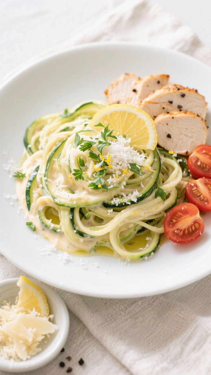 Tasty top view, final presentation: Overhead shot of Zucchini Noodle Alfredo (Light) freshly plated 