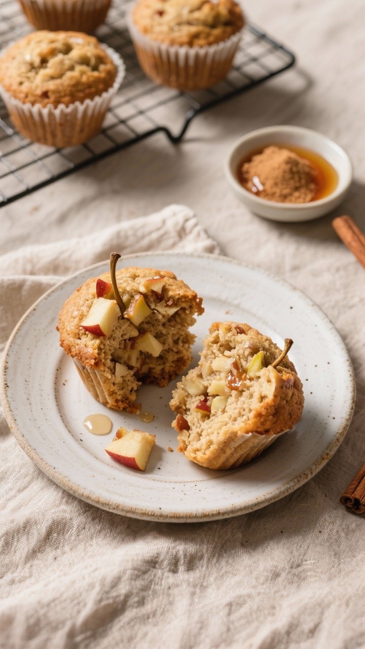 Tasty top view, final presentation: Overhead shot of a rustic plate with two split apple muffins sho