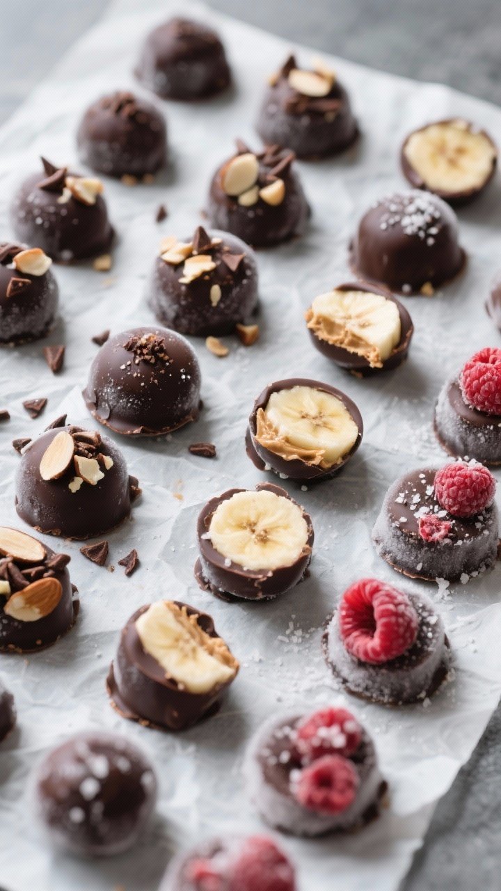 Tasty top view, final presentation: Overhead shot of frozen dark chocolate banana bites set on parch