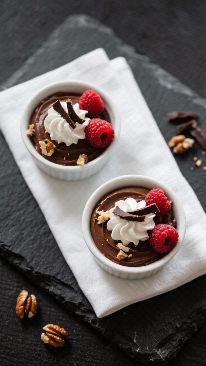 Tasty top view, final presentation: Overhead shot of chilled avocado chocolate mousse set in two sma