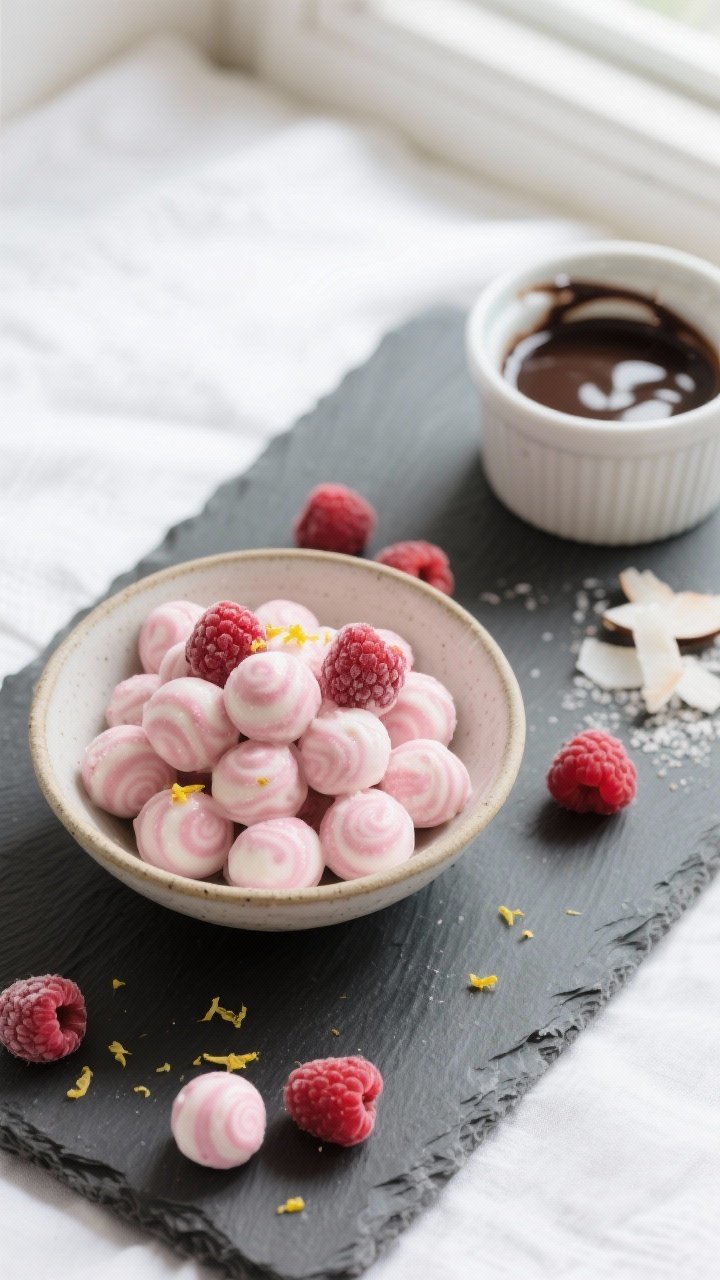 Tasty top view, final presentation: Overhead shot of a small ceramic bowl and a chilled slate board