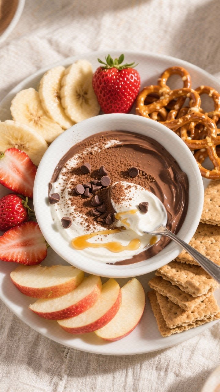Tasty top view, final presentation: Overhead shot of Greek Yogurt Chocolate Dip in a matte white sha