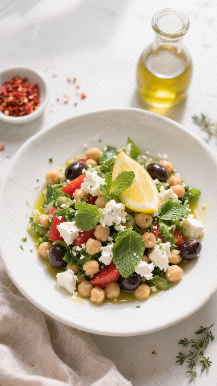 Tasty top view (final presentation): Overhead shot of the finished Mediterranean Chickpea Salad plat