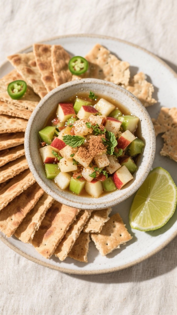Tasty top-view final presentation: Overhead shot of a snack platter featuring the finished apple sal