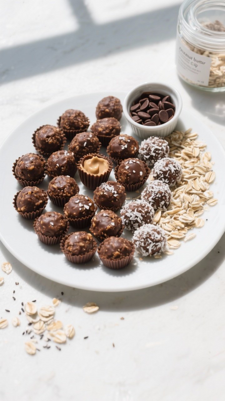 Tasty top view/final presentation: Overhead shot of a clean white plate piled with uniform Chocolate
