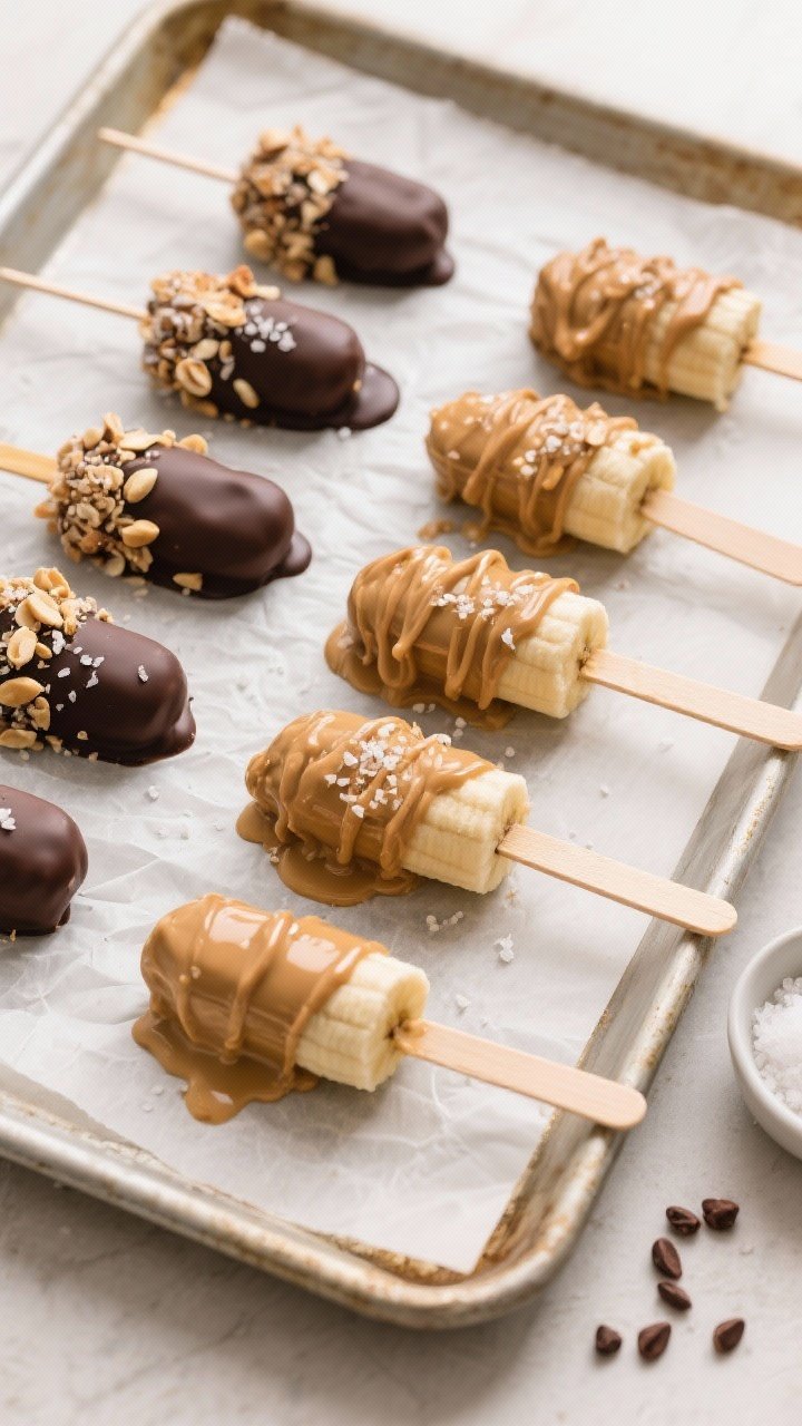Tasty top view final presentation: Overhead shot of fully set Frozen Banana Peanut Butter Pops arran