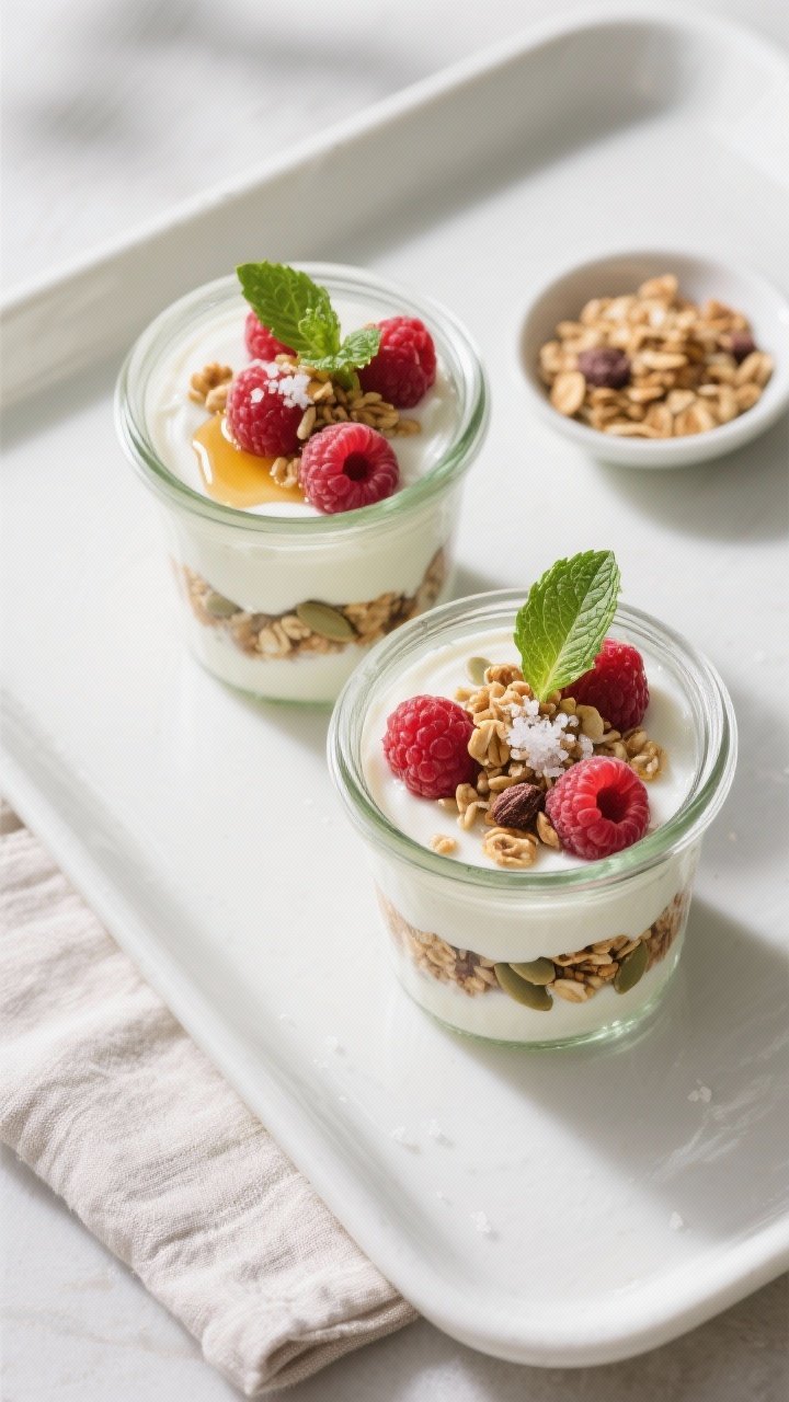 Tasty top view final presentation: Overhead shot of two finished Raspberry Yogurt Parfaits in small 