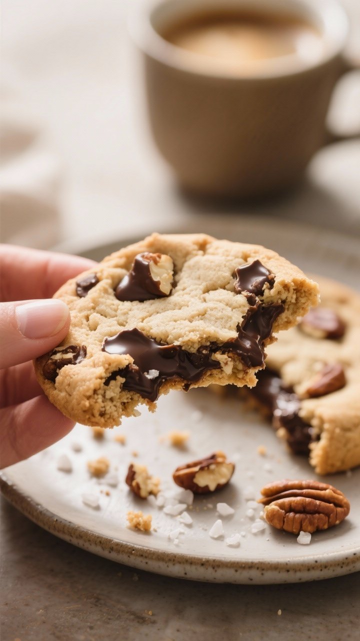 Tight close-up of a just-broken almond flour chocolate chip cookie held on a plate (no hands visible