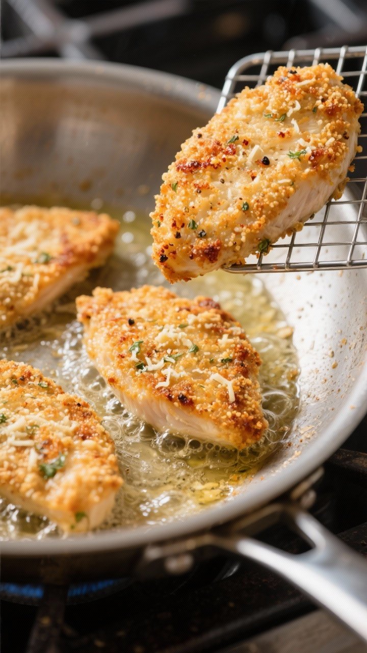 Close-up cooking process: Crispy Parmesan chicken cutlets sizzling in a shallow pan-fry, mid-cook, g