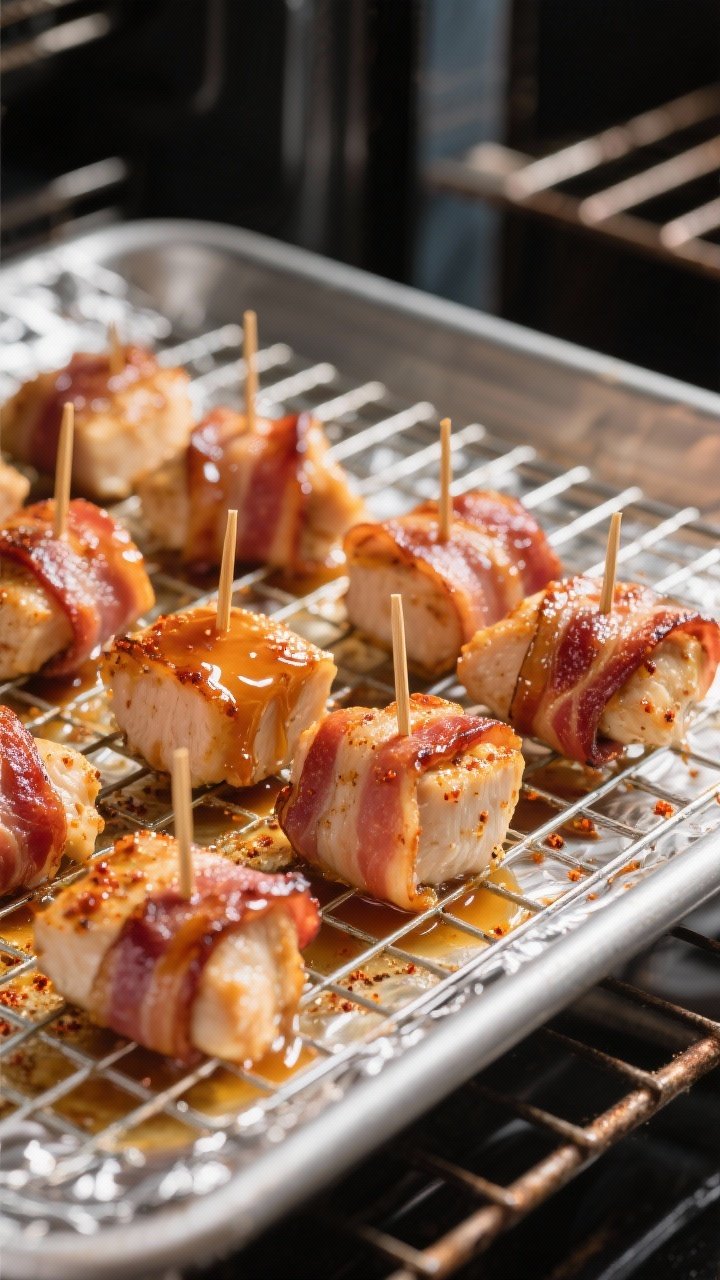 Close-up detail and cooking process: Bacon-wrapped chicken bites on a wire rack set over a foil-line