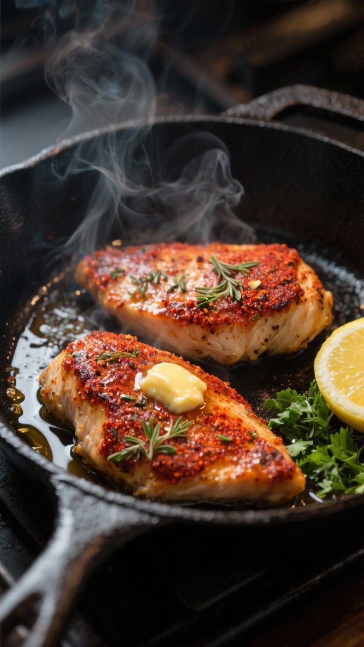 Close-up detail and cooking process: Cajun chicken breasts searing in a black cast-iron skillet, dee