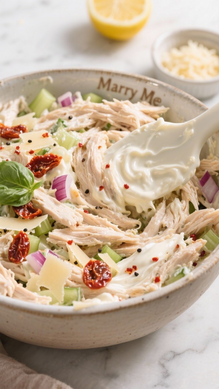 Close-up detail and process: A large ceramic mixing bowl filled with creamy “Marry Me” low-carb 